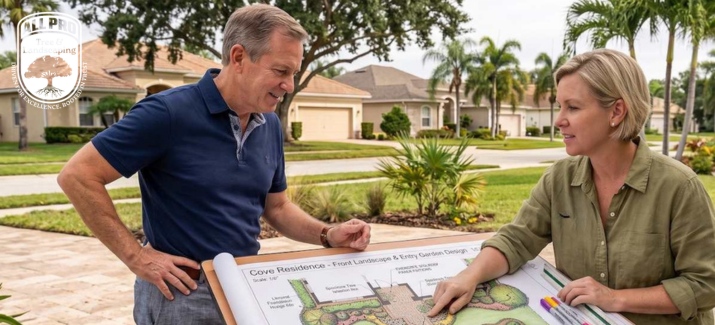 A landscaper going over design ideas with a homeowner in Pasco County